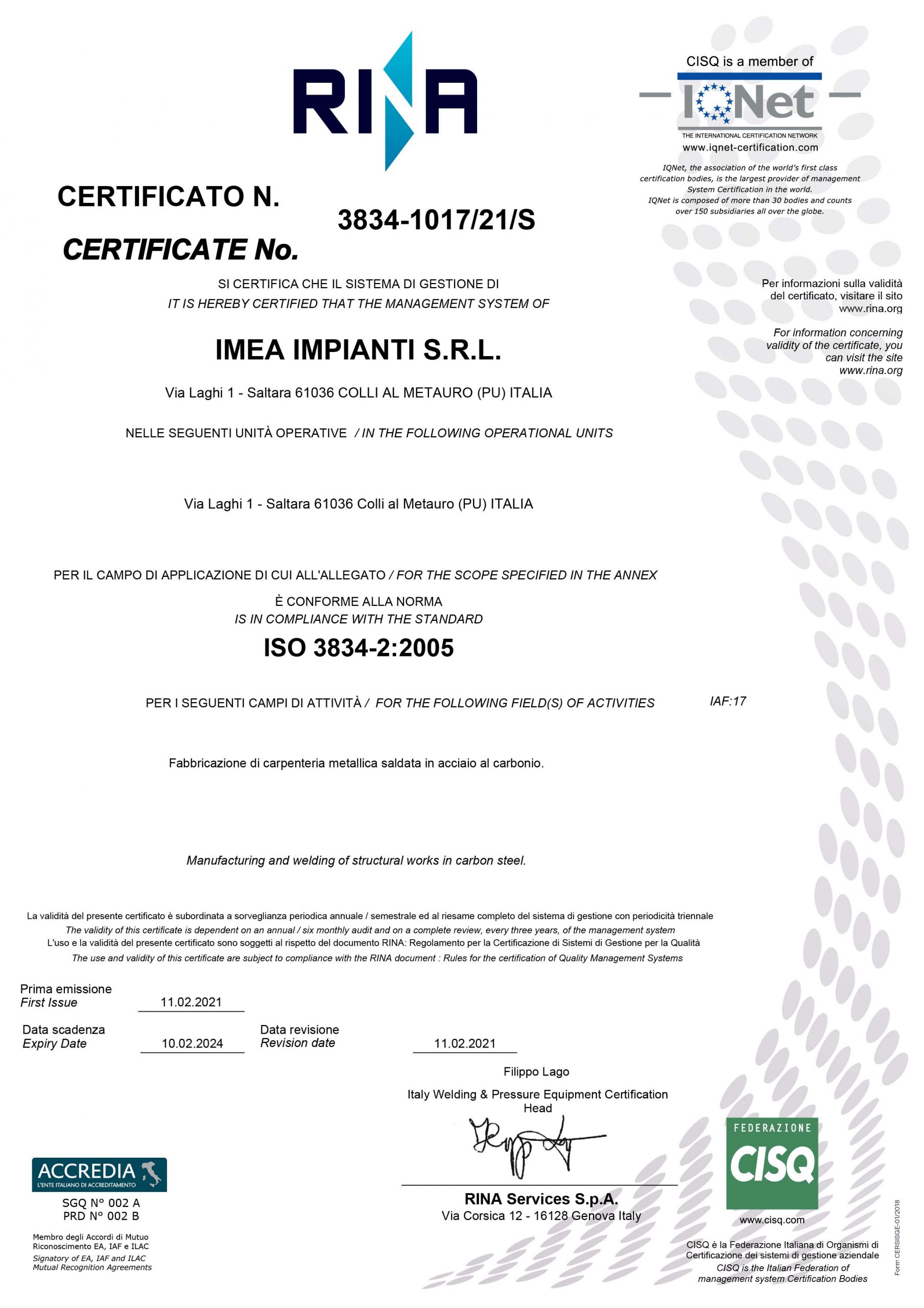 certificato 3834 - Imea Impianti